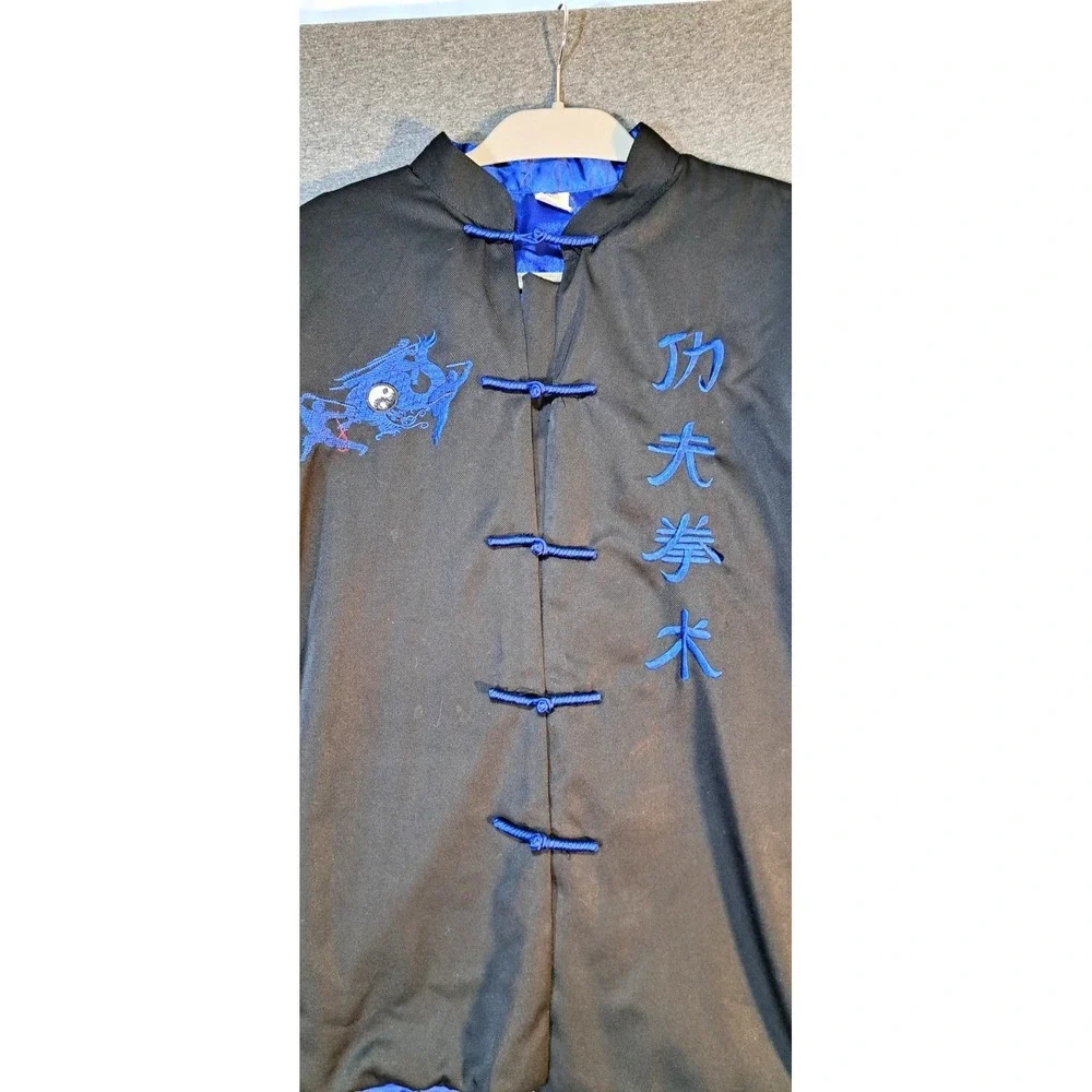 Mens Kung Fu Jacket Dragon‎ Embroidery Silk Blend Black Blue Yin Yang Large